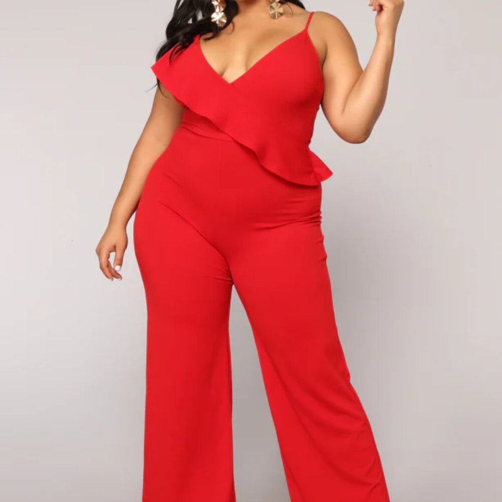 NOVALUXE  Ruffle Detail Spaghetti Strap & Tank Shoulder Red Jumpsuit Wide Leg 1X